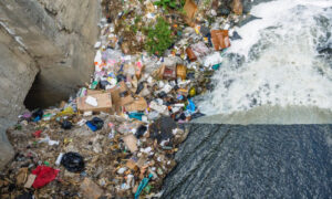 trash strewn on creekbank