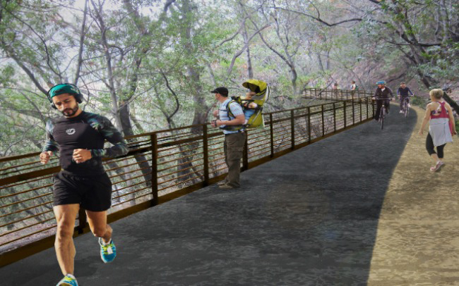 runners, hikers and cyclists along trail