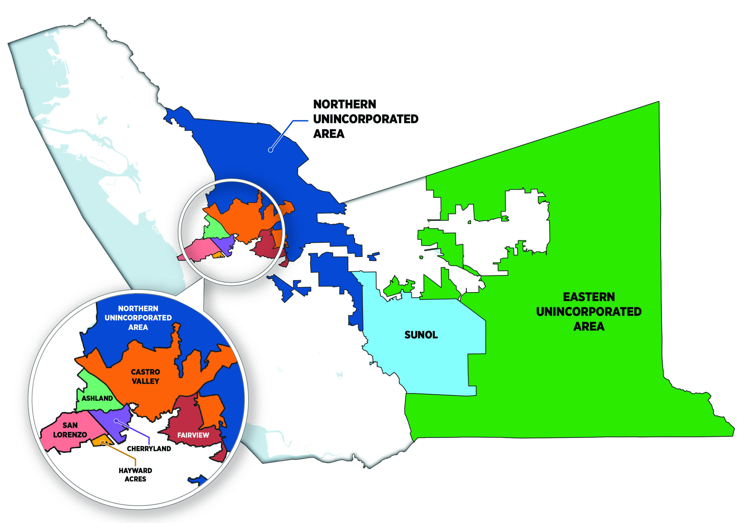 map of unincorporated Alameda County showing the communities included